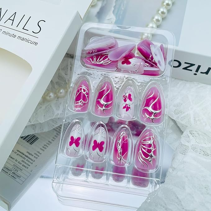 30Pcs Rose Red Press on Nails Medium Almond False Nails 3D Silver Line Designs Y2k Fake Nails Handmade Acrylic Stick on Nails Butterfly False Nails Reusable Full Cover Glue on Nails for Women Manicure