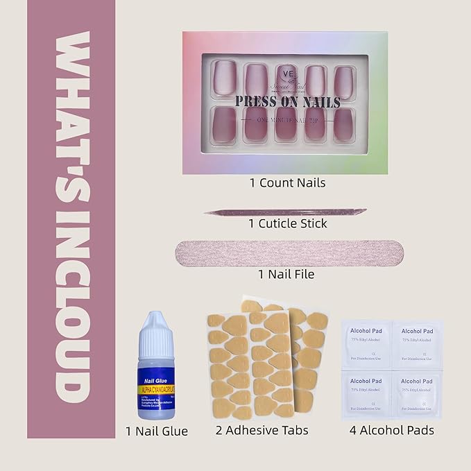 Press On Nails – 30PCS Short Coffin Matte Cat Eye Fake Nails in Dusty Rose – Durable Glue-On Nails for Women with 12 Sizes – Reusable & All-Occasion Ready