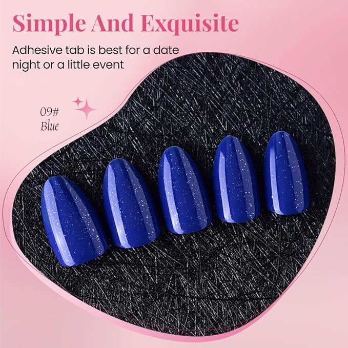 evpct Press on Nails Almond Short, Royal Blue Glitter Shimmer Shiny Short Almond Fake Nails for Women Gift, Soft Gel Press Glue On Nails with Nail Glue, 30Pcs Reusable Acrylic Fake Nail Manicure Kit