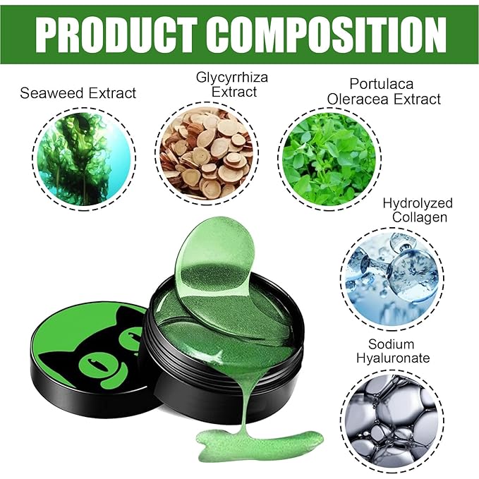 Seaweed Eye Mask, Under Eye Patches with Collagen & Hyaluronic Acid, Seaweed Eye Tightening Mask, Green Eye Gel Pads for Puffiness, Wrinkles, Dark Circles and Bags Under Eyes - 30 Pairs
