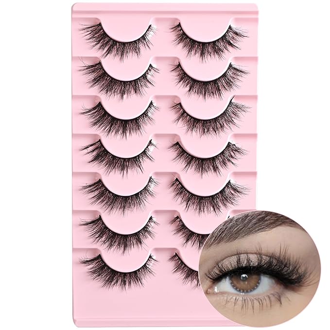 FARRED Cat Eye Lashes Natural Wispy Eyelashes Fluffy False Lash Strips Short Cateye Fake Eyelash 14mm Full Strip Lashes Pack 7 Pairs Pestañas Sets for MUA and Beginners Daily Makeup