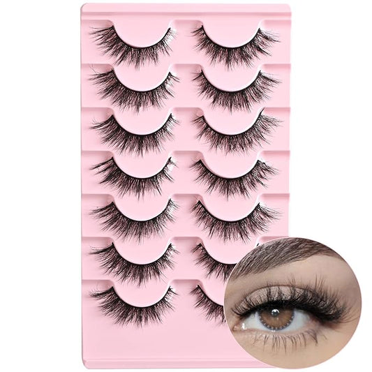 FARRED Cat Eye Lashes Natural Wispy Eyelashes Fluffy False Lash Strips Short Cateye Fake Eyelash 14mm Full Strip Lashes Pack 7 Pairs Pestañas Sets for MUA and Beginners Daily Makeup