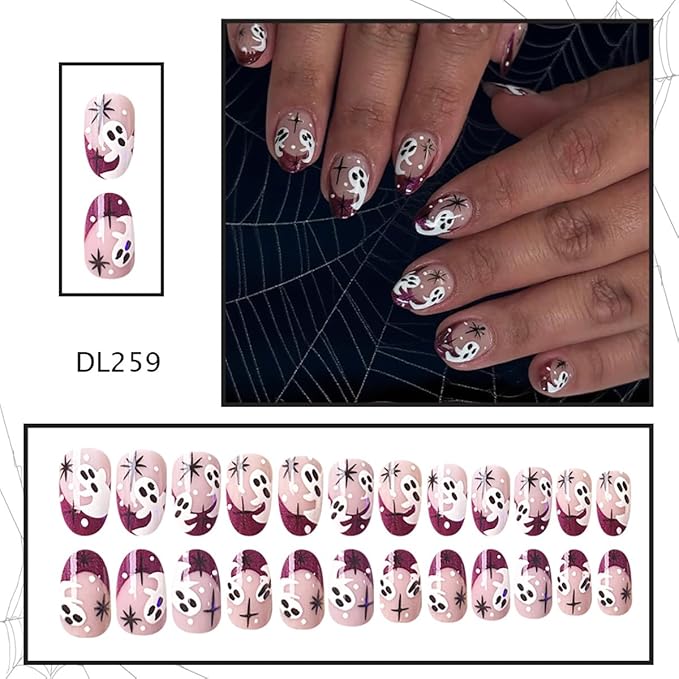 24Pcs Halloween Ghost Press on Nails Short Oval False Nail Red French Tip Fake Nails Cute Ghost Stick on Nail Star Acrylic Nail Full Cover Glossy Glue on Nails for Women Halloween Manicure Art