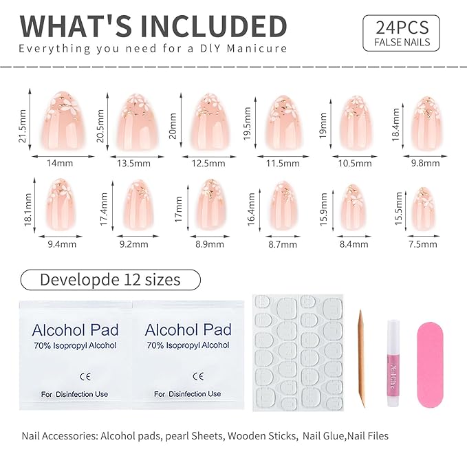 Short Press On Nails Almond, Nude Pink Fake Nails with White Floral & Gold Foil Detail, Glossy Gel Finish Acrylic Nails, Party Reusable Glue On Nails Kit for Women, 24Pcs