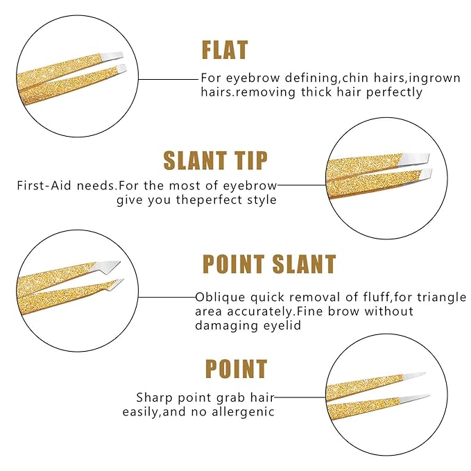 Eyebrow Tweezer Set, 4 Pcs Professional Stainless Steel Tweezers for Women, Precision Tweezer for Facial Hair, Splinter and Ingrown Hair Removal（Glod）