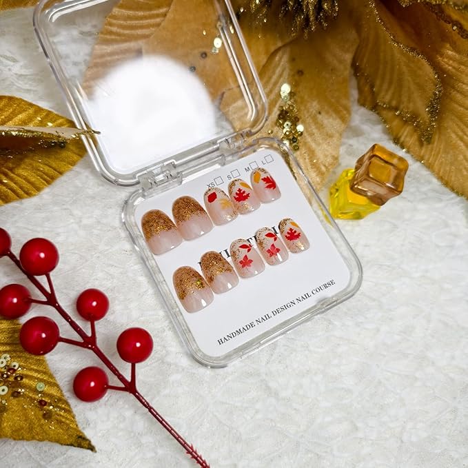 24Pcs Autumn Press on Nails Short Almond Fall Fake Nails Gold Glitter False Nail Maple Leaves Glue on Nails Full Cover Reusable Artificial Stick on Nail for Women DIY Thanksgiving Manicure