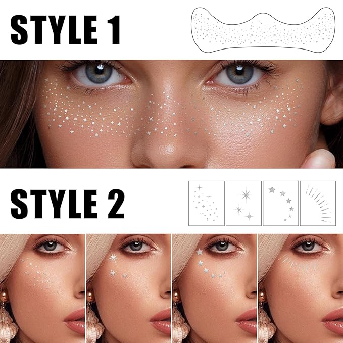 20PCS Glitter Freckles, Glitter Freckles Face Tattoo, Sparkle Freckles for Women and Kids, Cute Star Waterproof Silver Temporary Face Tattoos Glitter Glow Up Patches Makeup Patches (Silver)