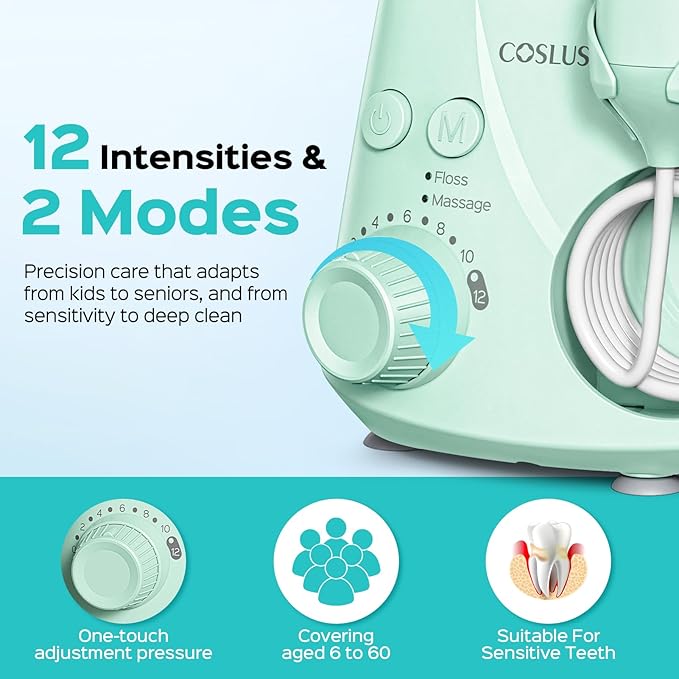 COSLUS Excellent Water Flosser for Teeth Cleaning: 12 Pressure Settings & 2 Modes for Orthodontic, Braces, Sensitive - Patented Storage, 5 Jet Tips and 600ML Tank for Family, Home Use, Green, E2