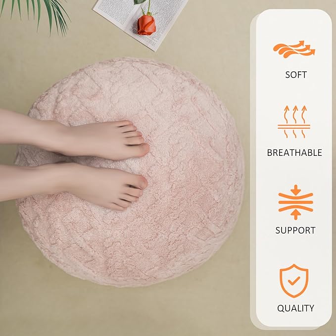 Round Stuffed Pouf Ottoman for Foot Rest, Faux Fur Poufs with Foam Chunk Filling, Storage Ottoman Pouf Foot Stool Cushion, 20 X 15 InchFloor Poufs Foot Rest for Living Room Bedroom Home Decor (Pink)