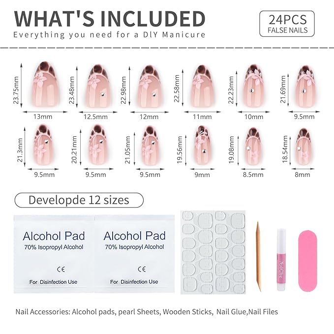 French Press On Nails Almond medium, Nude Pink Fake Nails with Floral & Brown Gradient French Tip Detail, Rhinestone Accent, Glossy Gel Finish Acrylic Nails Reusable Glue On Nails for Women