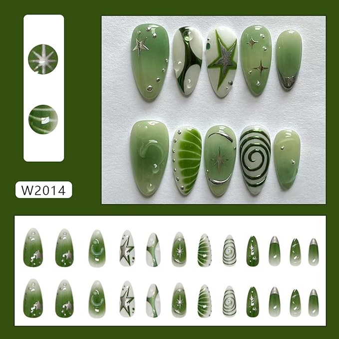24Pcs Green Press on Nails Medium Almond Fake Nails with Irregular Silver Star Designs Stick on Nails French Tip Nails Reusable Acrylic Nails Full Cover Artificial Glue on Nails for Women Daily Wear