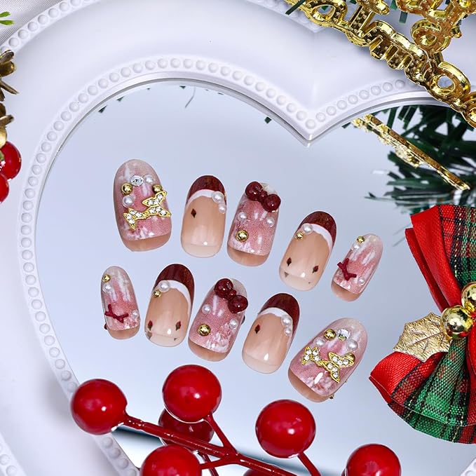 10Pcs Red French Tip Press on Nails Short Christmas Fake Nails 3D Gold Butterfly Gems Cute Acrylic Nail Pearl Bow Rhinestones Design Winter False Nail Handmade Glue on Nails for Christmas Manicure