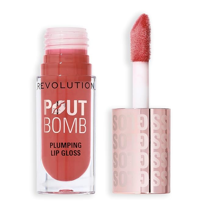Revolution Beauty London, Pout Bomb Plumping Lip Gloss, High-Shine for Glossy, Fuller & Plump Lips with Hyaluronic Acid & Peptides, Vegan & Cruelty-Free, Warm Peach Orange, 0.15 fl oz