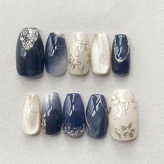 24Pcs Medium Press on Nails Blue Coffin Fake Nails with Silver Flower Designs 3D Embossed Peach Blossom Artificial Handmade Acrylic Nails Glossy Full Cover Glue on Nails for Women Acrylic Nail Decor
