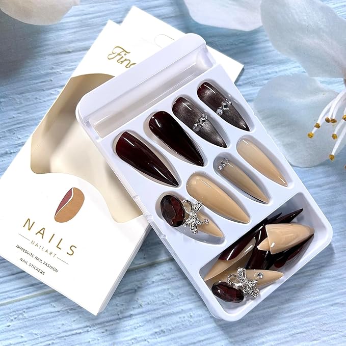 Rhinestones Press on Nails Long Length Purple Cat Eye Almond Tip Acrylic Fake Nail Full Cover Handmade Artificial Fingernails 24Pcs DIY Reusable Press Ons Artificial Stick on Nails for Women