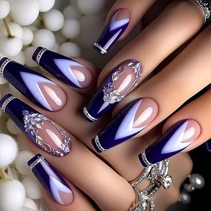 Dark Purple French Tip Press on Nails Medium Coffin Glue on Nails Glossy Acrylic Fake Nails with Floral Designs Matte Nails Press ons Artificial Nails for Women 24Pcs Manicure Art