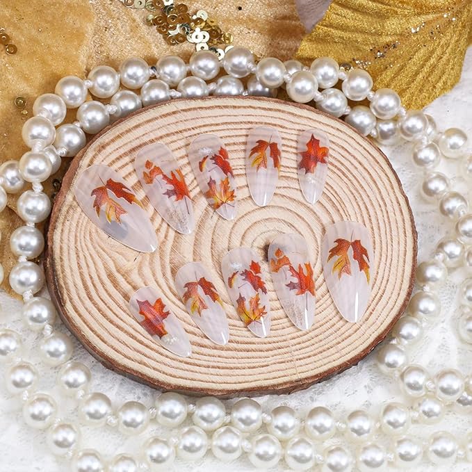 24Pcs Fall Press on Nails Almond Medium Fall Fake Nails Maple Leaves Full Cover Designs Autumn Glue on Nails Thanksgiving Acrylic Nails Glossy Reusable Artificial Stick on Nails Decoration for Women