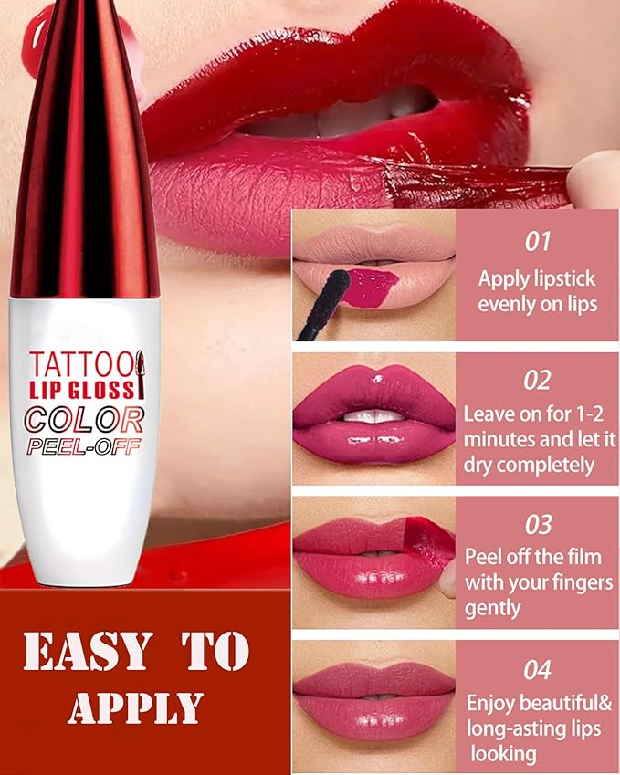 Peel Off Lip Stain Tattoo Lip Gloss,Nude Red Matte Lip Liner Stain Peel Off Waterproof Long Lasting,Highly Pigmented Transfer-Proof Lips Tint Non-Stick Tinted Liquid Lipstick Makeup for Women-02