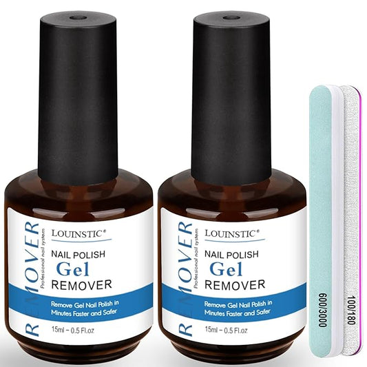 LOUINSTIC 2×15 ml Easy & Quick Gel Nail Remover Kit – Professional Gentle Acetone-Free Gel Polish Remover for Nails in 2–5 Minutes, No Soak or Foil, Includes Nail File – Home DIY Manicure & Travel