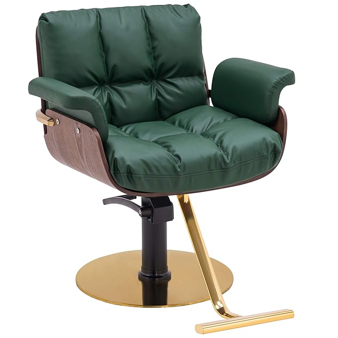 BarberPub Salon Chair Hydraulic Barber Chair Curved Wood Frame Hair Cutting Beauty Spa Salon Styling Equipment 3071 (Green)
