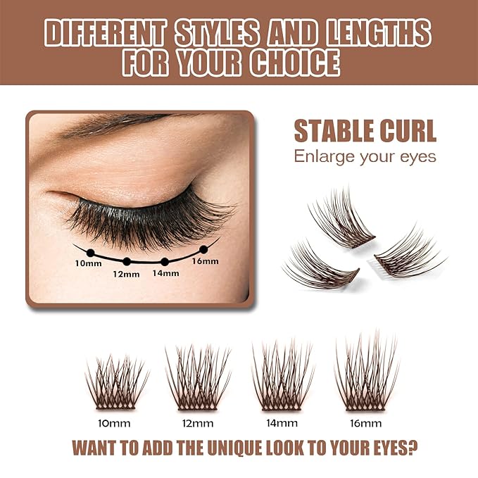 DIY Eyelash Extension, 3D Effect Individual Melt Flare Lash Cluster Natural Lashes Set, Home Eyelash Extension, Lashes Pack (10MM-Amber)