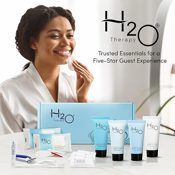 H2O Therapy Amenity & Accessory Kit | 0.85 oz Travel Size Shampoo, Conditioner, Lotion, Body Wash, Massage Bar, Cleansing Bar, Shave & Dental Sets, Make-Up Remover Wipes, & Vanity Kit | 15 sets/case