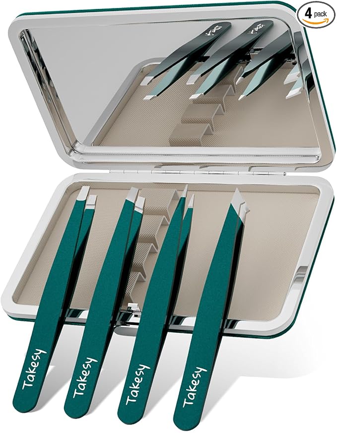 Upgraded Sharp Precision Tweezers for Facial Hair & Chin Hair, Slanted Design for Women & Men Eyebrow Plucker, Great with Travel Mirror Case (Green)