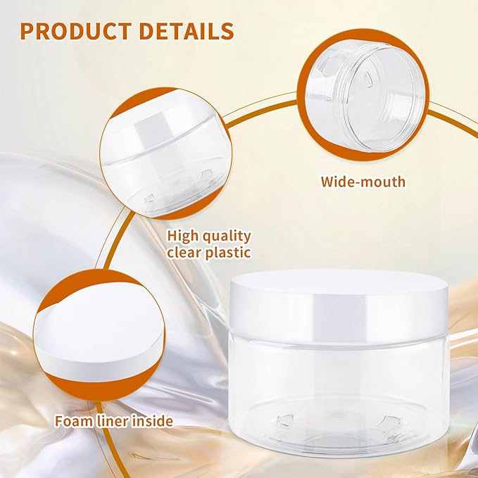 24 Pack 4 Oz Plastic Containers with white Lids, Clear Empty BPA Free and Refillable Cosmetic Jars Travel Containers for Creams, Lotion, Bath Salts, Sugar Scrub, Slime, Lip Scrub, Makeup