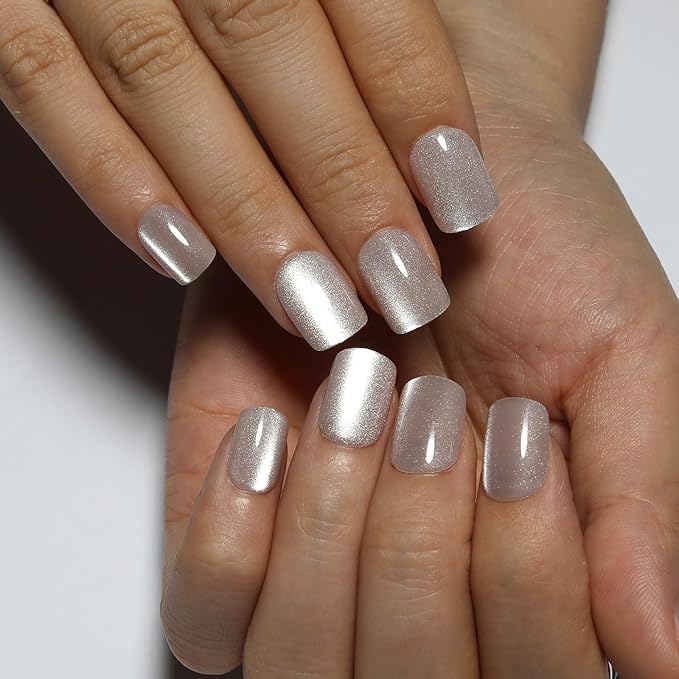 Nude Press On Nails Square, Cat Eye Press On Nails Short Fake Nails with Color-Shifting Glow, Reusable Stick On Nails, 15 Sizes - 30 Nail Kit with Glue, Natural Glue On Nail for Women, Silken Glow