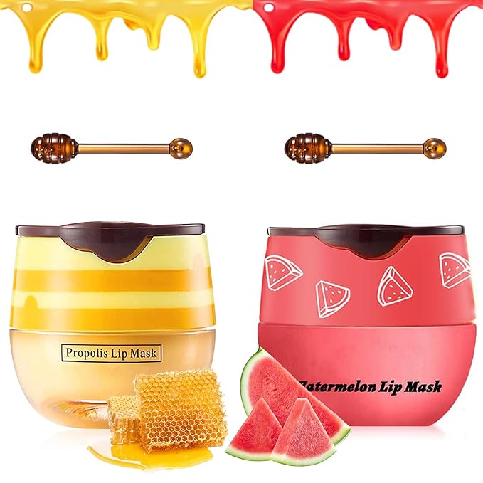 2 PCS Bee Lip Balm Honey Pot, Honey & Watermelon Lip Sleeping Masks Overnight, Hydrating Prevention Dry and Cracked Lip Scrubs Exfoliator Lip Care, Reduces Lip Lines