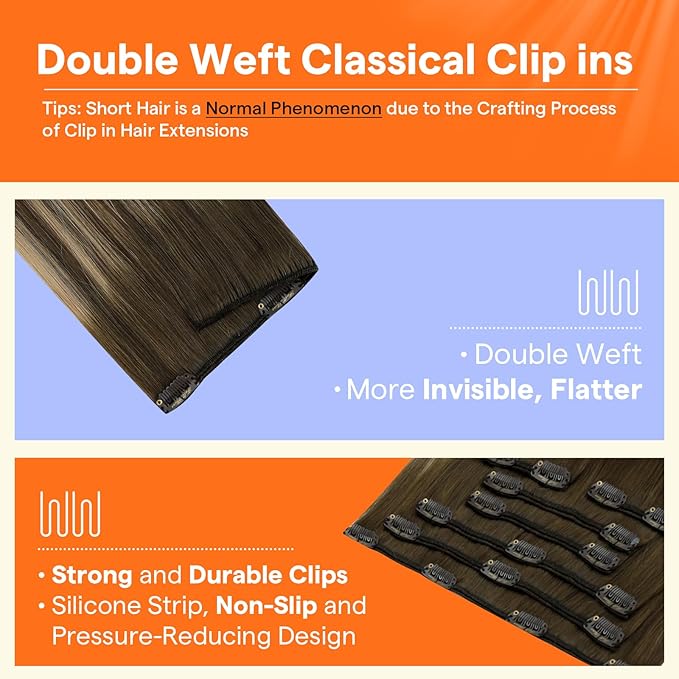 Full Shine Human Hair Clip in Extensions Brown Hair Extensions Clip in Human Hair 18 Inch Medium Brown Ombre Caramel Blonde Invisible Hairpiece for Long Straight Hair 7 Pcs 120 G