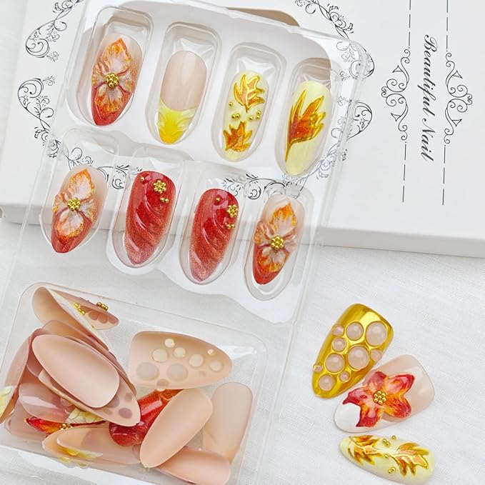 30Pcs Fall French Tip Press on Nails Medium Almond Thanksgiving Fake Nails 3D Flower with Gold Bead Glitter Designs Autumn Holiday Stick on Nails with Glue Maple Leaf False Nails for Women Acrylic