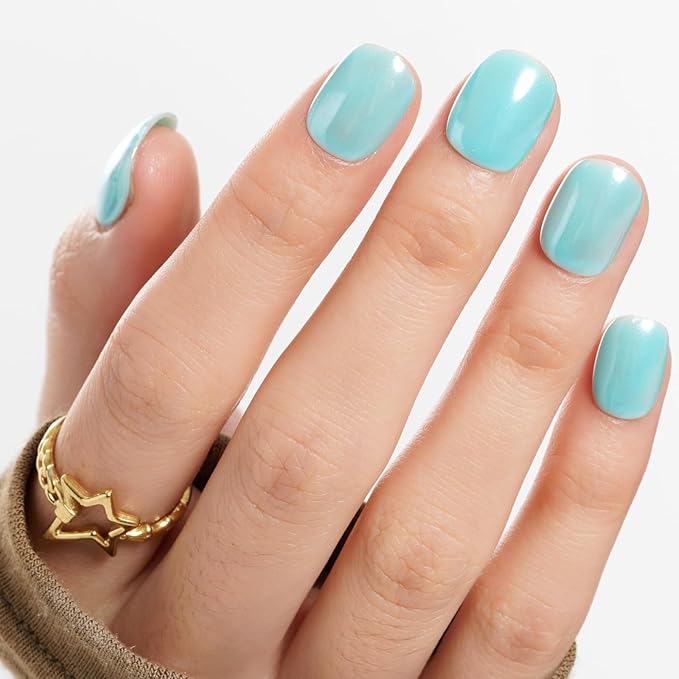 GLAMERMAID Extra Short Press on Nails 24PCS, Handmade Light Blue Chrome Fall Gel Glue on Nails, Glossy Round Reusable UV Finish Fake Nails Acrylic False Nails Manicure Kits for Women