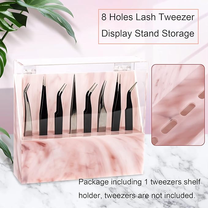 8 Holes Dust-proof Eyelash Tweezers Holder Case Acrylic Marble Tweezer Stand Display Organizer with Cover for Lash Extensions (pink)