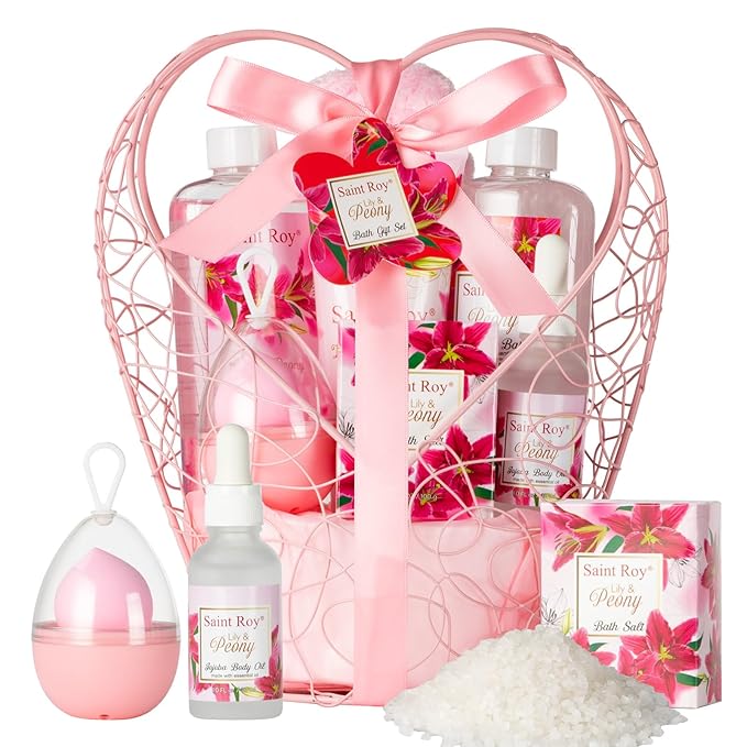 Gift Basket For Women, Mother's Day Gift for Mom Spa Set Lily & Peony Home Spa Set, Beauty Personal Care Set Jojoba Oil, Spa Self Care Kit, Bath Body For Thank You, Birthday, Mom, Anniversary Gift