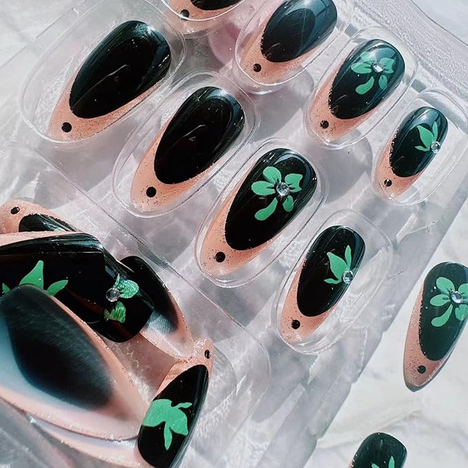St. Patrick's Day Press on Nails Medium Length French Tip Fake Nails Green Shamrock Glitter with Rhinestones Four-leaf Clover Stick on Nails Acrylic False Nails Nail Tips for Women Manicure Art 24Pcs