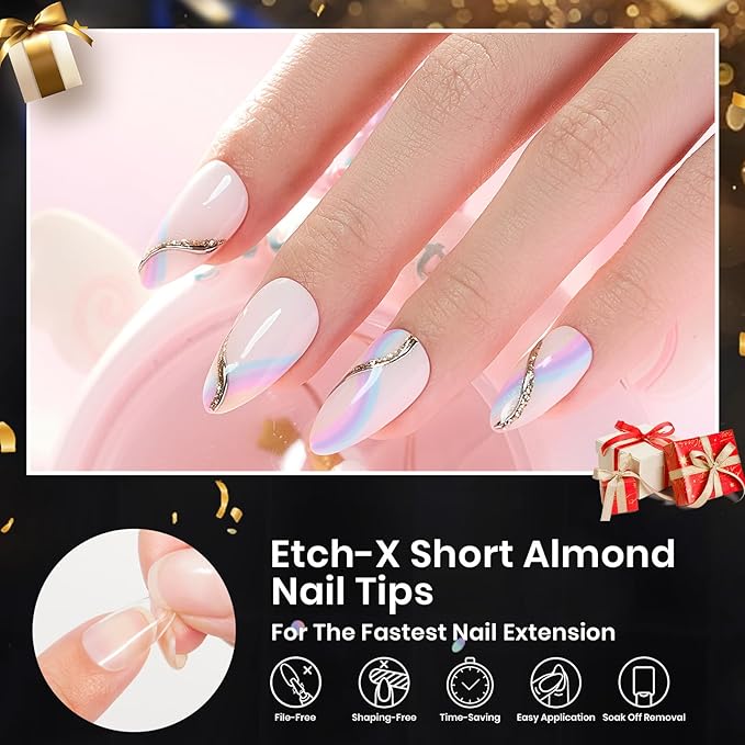 Beetles Gel Nail Tips Etch-X, Almond Short Fake Nails, 288pcs 12 Sizes, Press on Pre-Etched Half Matte Full Cover Acrylic False Nail Tips Almond Shape Nail Supplies Easy DIY Extension Gift for Women