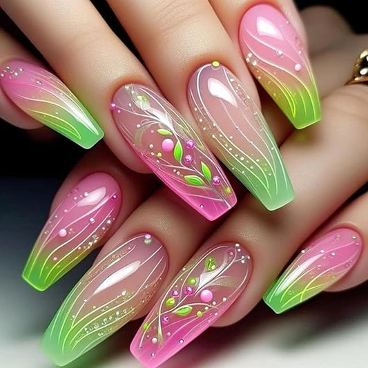 French Press on Nails Coffin Medium Fake Nails Red Pink Stick on Nails with Leaves Designs Green Glue on Nails Lines Acrylic Nail Press ons Gradient Artificial Manicure Full Cover for Women 24Pcs