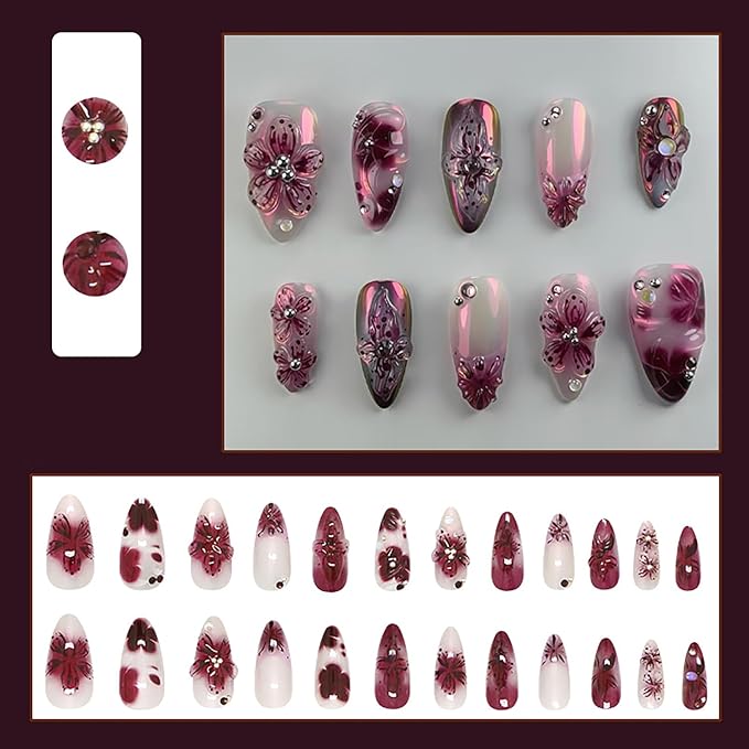 24Pcs Purple Press on Nails Medium Almond Fake Nails with Rhinestones Stick on Nails 3D Flower Acrylic Nails French Tip False Nails Full Cover Summer Floral Glue on Nails for Women Nail Art Designs