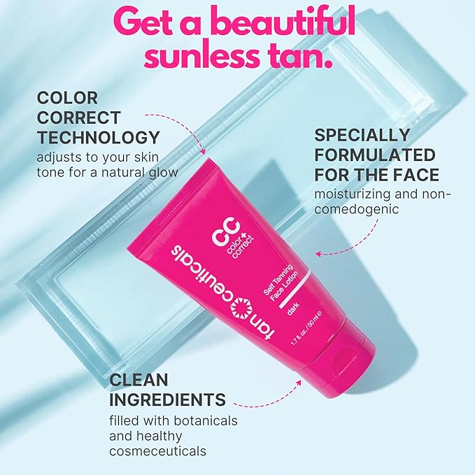 Tanceuticals Facial Self Tanner - CC Self Tanning Lotion for Face Gives Natural, Long Lasting Sunless Tan - Fresh Coconut Scent - Won’t Clog Pores or Cause Acne - Easy to Apply - Dark Shade 1.7 oz
