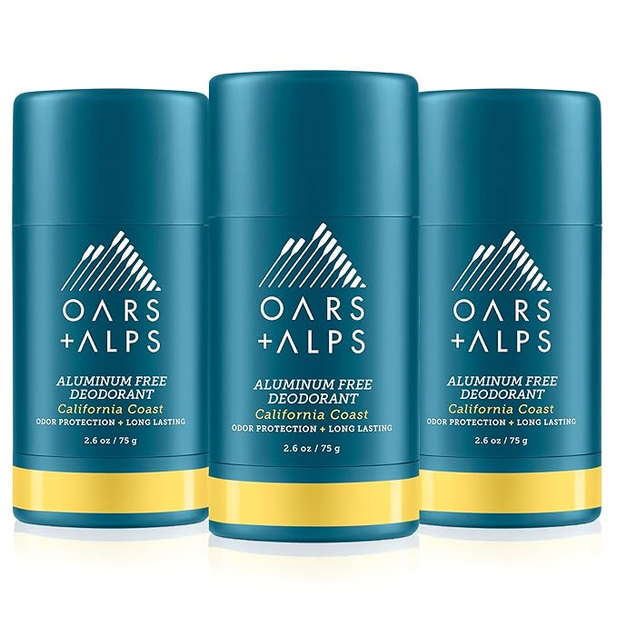 Oars + Alps Aluminum Free Deodorant for Men and Women, Dermatologist Tested and Made with Clean Ingredients, Travel Size, California Coast, 3 Pack, 2.6 Oz Each