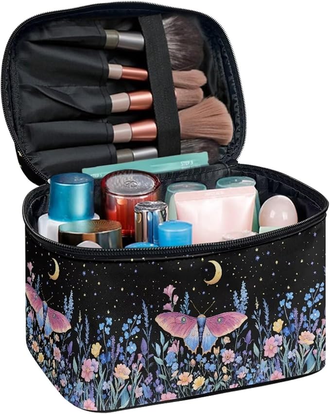 Butterfly Floral Moon Starry Night Print Travel Makeup Bags for Women Portable Tote Cosmetic Case with Carry Handle Toiletry Accessories Storage Organizer Bags