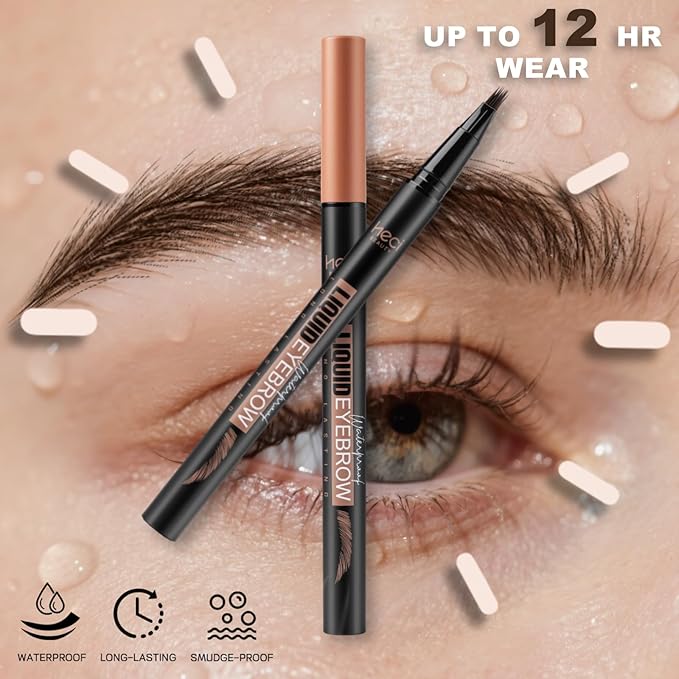 Microblading Eyebrow Pen - Waterproof Liquid Eyebrow Pencil with Angled Eyebrow Brush, Shapes & Fills Hair-Like Looking Brows, Lasts All-Day,Eye brow Pencil for Women and Girls Makeup,Brown