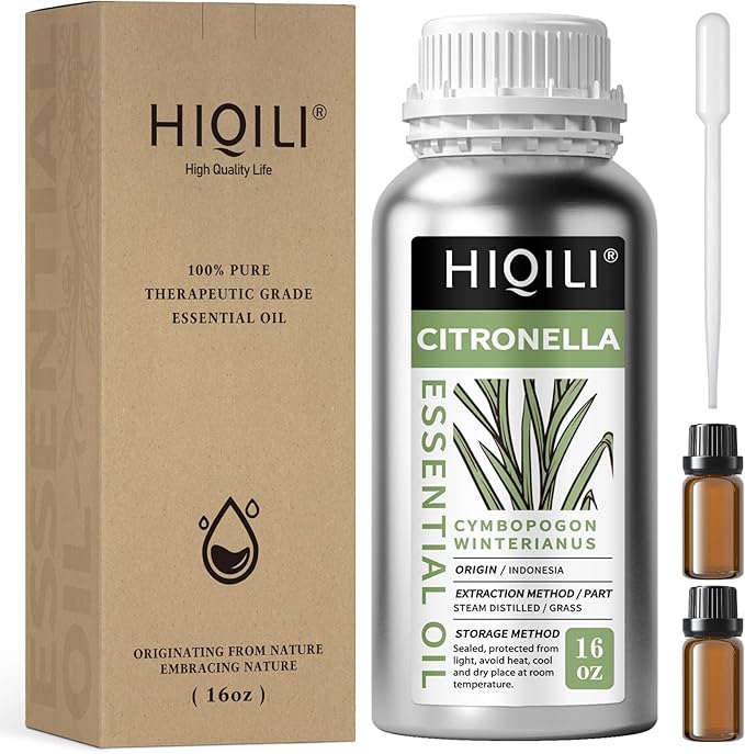 HIQILI 16 Fl Oz Citronella Oil for Homemade Sprays, Add to Diffuser, 100% Pure and Natural Undiluted