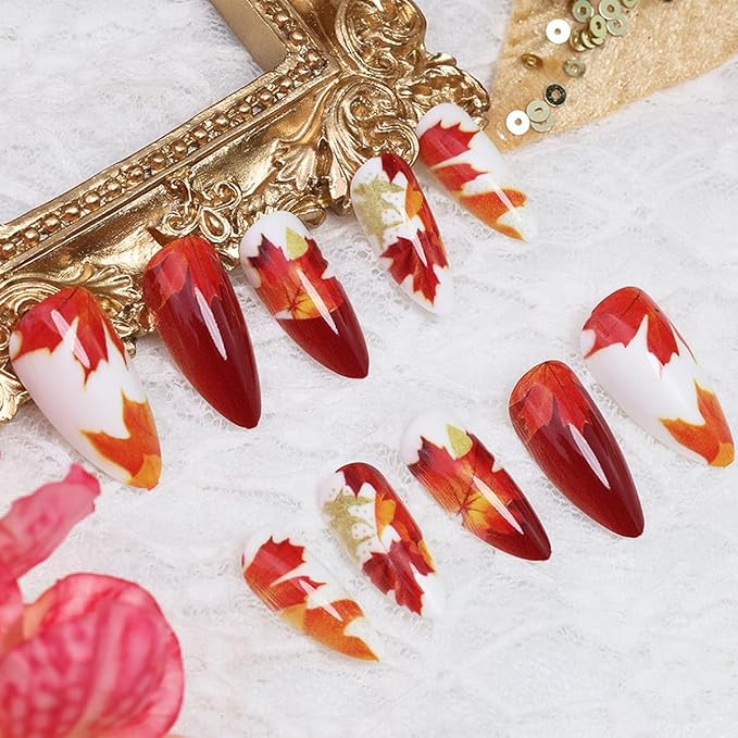 Maple Leaf Press on Nails Medium Almond Fake Nails Fall Nails Press ons Flaming Leaves Design Thanksgiving Acrylic Nail Autumn Glue on Nail Glossy Full Cover False Nail for Women DIY 24Pcs