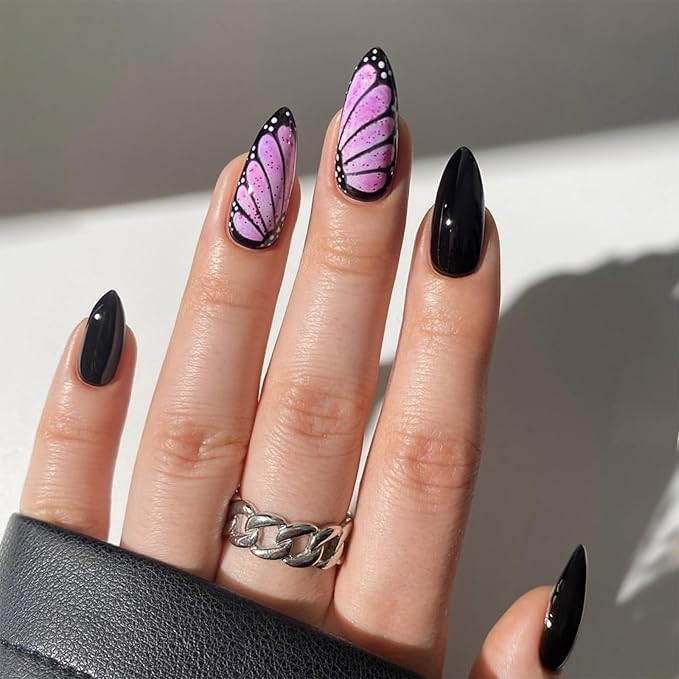 Black Press on Nails Pink Butterfly Wings Fake Nails Short Almond Glue on Nails Black Solid Color Glossy Full Cover Easy to Use Acrylic Stick on Nails For Daily and Party 24 Pcs