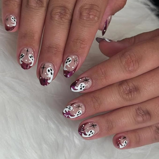 24Pcs Halloween Ghost Press on Nails Short Oval False Nail Red French Tip Fake Nails Cute Ghost Stick on Nail Star Acrylic Nail Full Cover Glossy Glue on Nails for Women Halloween Manicure Art