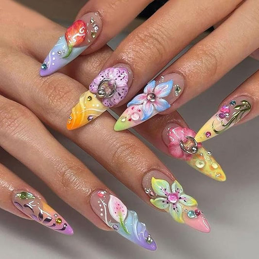Flower Press on Nails Long Almond Fake Nails with 3D Rhinestones Colorful Flowers Design French Tip False Nails Gradient Stick on Nail Acrylic Full Cover Glue on Nail for Women DIY Manicure Kit