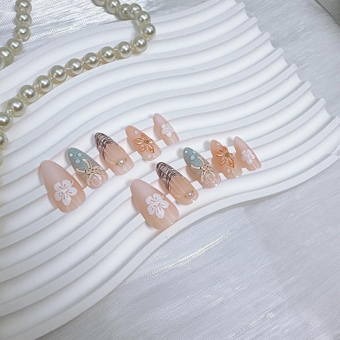 24 Pcs Summer Press on Nails Medium Almond Fake Nails with Pearl Gold Beads Designs 3D Starfish Flower Glue on Nails French Tip Acrylic Nails Beach False Nails Full Cover Stick on Nails for Women