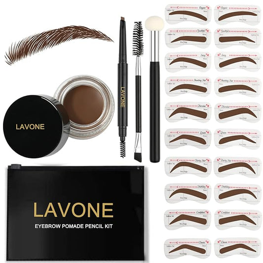 LAVONE Eyebrow Stamp Stencil Kit - Brow Stamp Trio with Waterproof Eyebrow Pencil, Pomade, 20 Stencils, Dual-ended Brush and Sponge Applicator - Chocolate